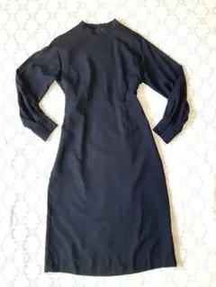 グリーンレーベルリラクシング バンドカラーワンピース ネイビー長袖 ミモレ丈 M