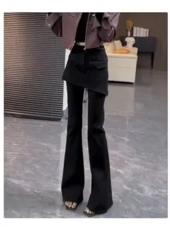 レイヤード風 フレアパンツ ブラックのサムネイル