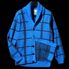 Lord James★70s★格子チェック くるみ釦ニットカーディガン 青 Mのサムネイル