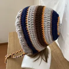 ハンドメイド＊グレー×紺×茶のバラクラバ・ボンネット・ビーニー・ニット帽