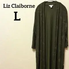 リズクレイボーン【L】総柄 ロングカーディガン 羽織り オリーブ ペイズリー柄