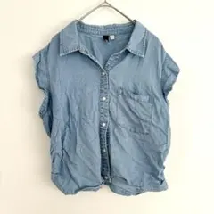 半袖ライトブルーシャツ M デニム風ブラウス フレンチスリーブ トップス 夏