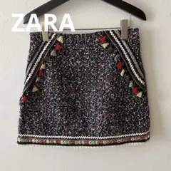 ZARA ツイード　スカート　ザラ　フリンジ　柄　M デザインスカート