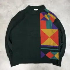 royal patou ウールニット ダークグリーン 幾何学柄 マルチカラー