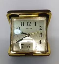 《RHYTHM》トラベルクォーツ折畳み 約8cm角／目覚ましアラーム／レトロ美品