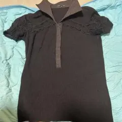 ブラック フリル付き 半袖ニット