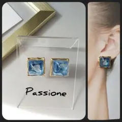 【一点物】クリアブルーマーブル水面スクエア ピアス/イヤリング