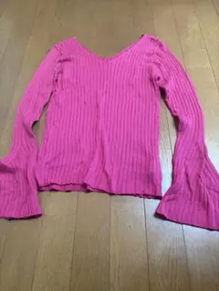 レディース　ピンク リブ編み Vネック ニット