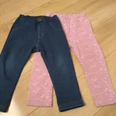 デニムとピンクのフリースレギンス90cm 2点セット
