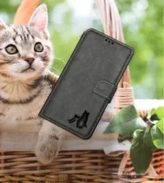 iphone13グレー猫親子焼印手帳ケース