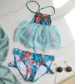 ビキニ 水着 M 花柄 ブルー 青 フラワー バストカバー 上下セット