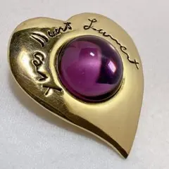 YSL イヴサンローラン ゴールド パープルカラー ガラス ハート ブローチ