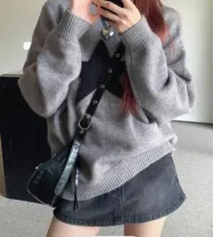 グレー 星柄 ニットセーター 長袖 レディース 冬服 トップス