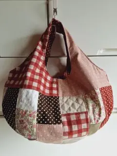 ピンク系チェックパッチワーク　ころりん丸底グラニーバッグ　ハンドメイド
