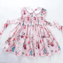 新品　スモッキングワンピース　ピンク　花柄　ノースリーブ　花蝶柄　発表会　結婚式