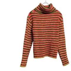 リブニット　タートルネック　長袖　マルチボーダー　カラフル　レトロ
