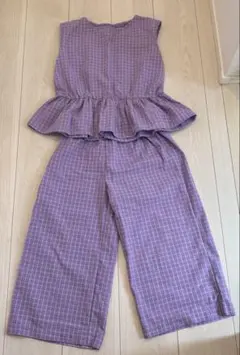 パープルチェック セットアップ 140 ノースリーブトップス&パンツ 綿100%