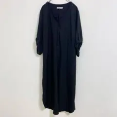 シャツワンピース【M】ブラック 黒 ロング丈 無地 Ｖネック 七分袖 春服