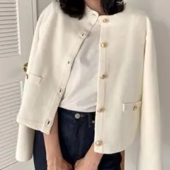 anuans オリジナルボタンノーカラーニットジャケット