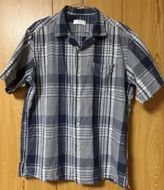 ユニクロ 開襟シャツ チェック柄 紺色 XL