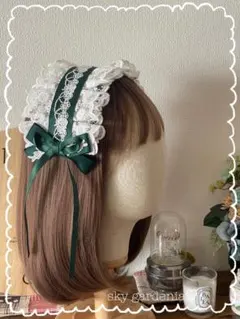 ♡ホワイトフリルレースグリーンリボンローズ ヘッドドレスロリータ量産型ゴスロリ♡