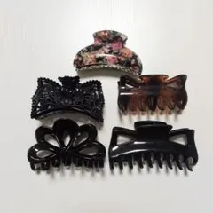 未使用　ヘアクリップ5個セット 　花柄 、黒、べっ甲