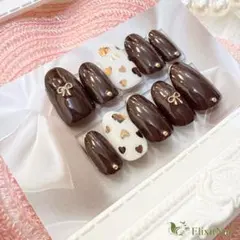 ネイルチップ　ブラウン　ゴールド　リボン　ハート