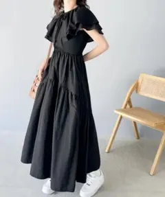 2wayパフスリーブワンピース ロングワンピース ブラック フレア