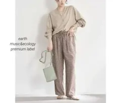 アースミュージック&エコロジー ギンガムチェック ワイドパンツ 赤茶×グリーン