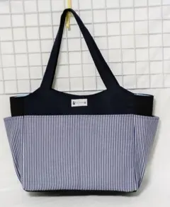 カラーデニムヒッコリー・濃紺・サイドポケット付きトートバッグW・ハンドメイド