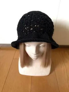 春夏コットン クロッシェハット ブラック 手編み 定番人気