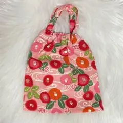 和柄 巾着袋 花柄 ピンク 椿柄　ハンドメイド