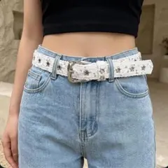 【新品】ホワイト デニムベルト 星 韓国 スタッズ スパンコール Y2K