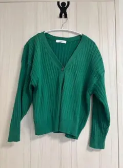グリーン リブ編み カーディガン 長袖