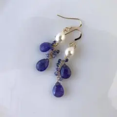 14kgfタンザナイト、淡水パール、サファイアのピアス