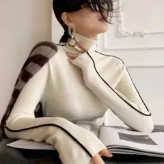 サイドライン ハイネックニット トップス ホワイト タートルネック 配色 ニット