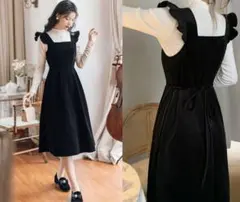 フリル付きブラックAラインワンピース