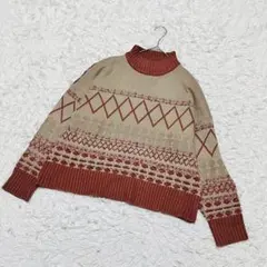 【ビームスハート】❣️スタンドカラーセーター❣️幾何学模様 ゆったり ベージュ F
