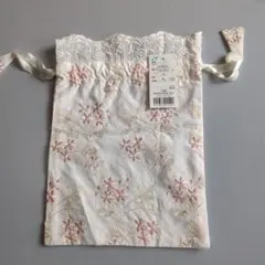 花柄刺繍 レース付き 巾着袋