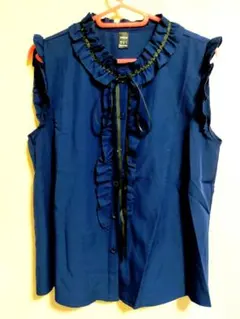 10月末迄SALESHEINフリルネイビー紺ノースリーブシャツブラウス黒リボン付