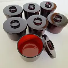 蓋付椀 　お吸い物椀　しるこ椀　溜塗　筋挽き　7客セット