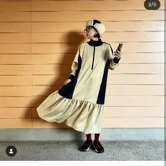 【美品】forksy. ハーフジップライン配色トラックジャージワンピ　ベージュ