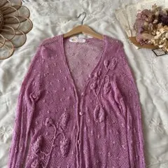 vintageビンテージ昭和レトロ古着モチーフ刺繍ピンクレース編みカーディガン