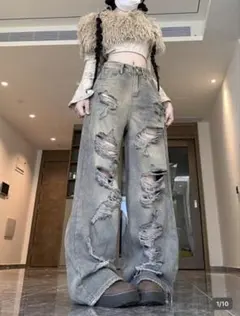 【SHEIN】レディース ダメージデニム ハイウエスト ロングパンツ