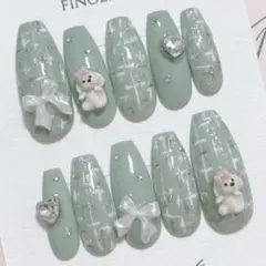 現品ネイルチップ୨୧プードル×リボンツイード୨୧♡量産型ワンホン⟡韓国