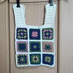 グラニースクエア　モチーフ　エコバッグ　手編み　ハンドメイド　ウール混