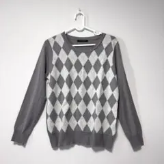 グレー ダイヤモンドパターン 長袖ニット セーター