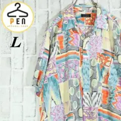 【レトロ古着◎おしゃれコーデ】総柄シャツ 幾何学模様 アニマル柄 とろみ感 L