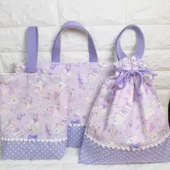 ハンドメイド　レッスンバッグ　上履き入れ　ユニコーン 水玉　パープル　女の子