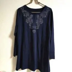 ❇️CraaId❇️ロング/ニット//カットソー濃紺/襟元ビーズ